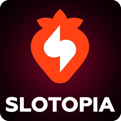 โลโก้ Slotopia ตัวอักษรขาวกับสัญลักษณ์สีส้มแดงบนพื้นดำ ที่ AW8 นำมาแสดง